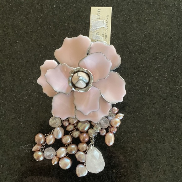 Anne Taylor gorgeous pink enamel, quartz,pearl costume necklace and brooch BNWT - Picture 2 of 8